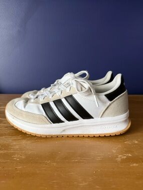 adidas White Sneakers with Black Stripes and Gum Sole